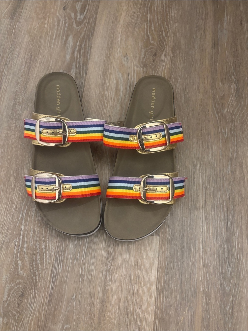 Madden Girl Kids Rainbow Strap Slide Sandals - Gold Buckles
